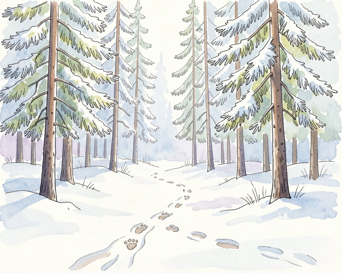 A snow-covered pine forest with a single set of animal tracks crossing a clearing, frost clinging to every needle