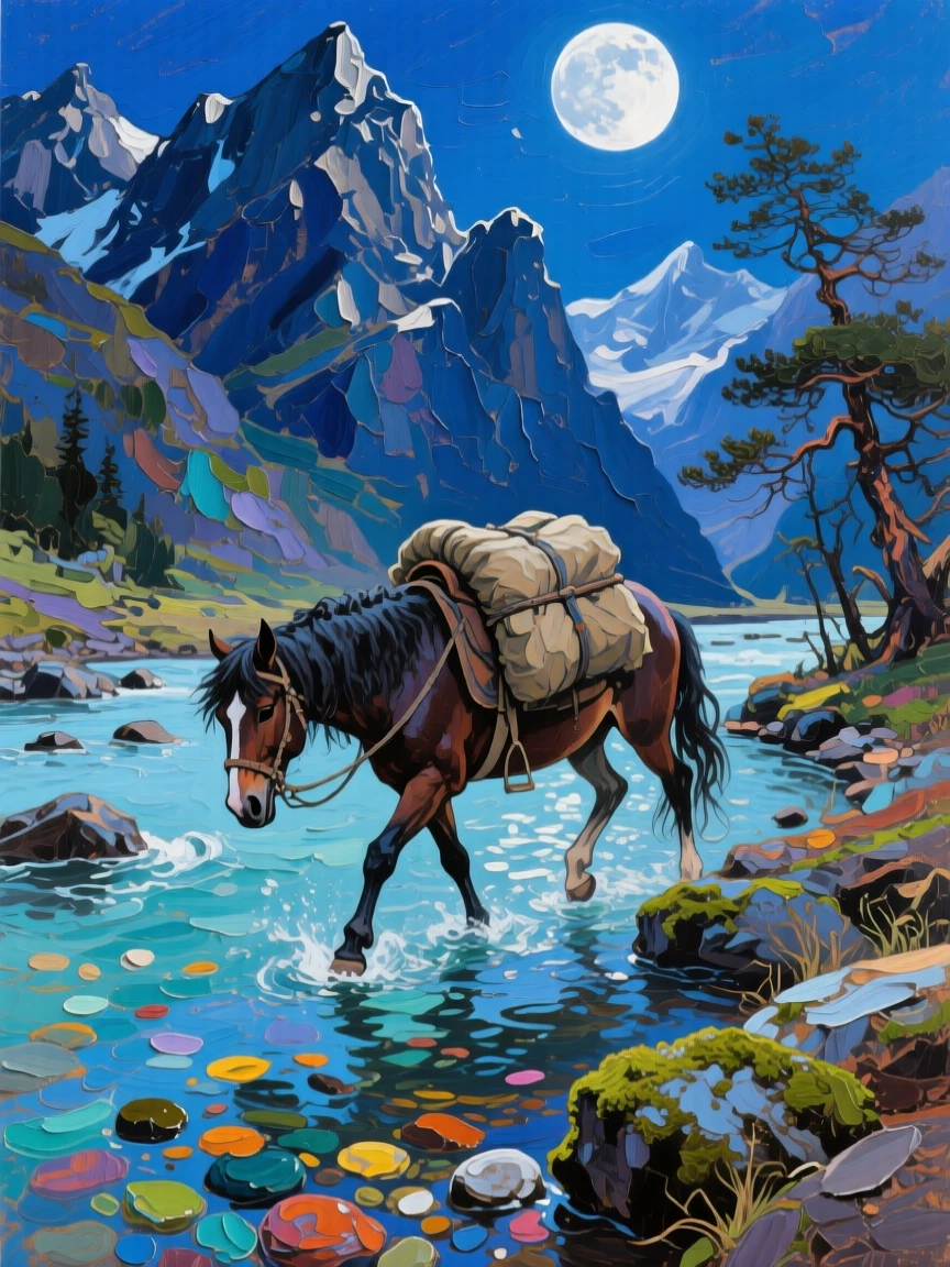 a pack horse crossing a shallow river beneath towering peaks, beneath a moonlit sky, composed along a natural leading line.