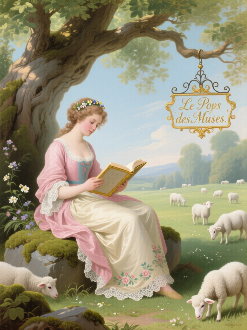 A shepherdess reading poetry beneath an ancient oak, surrounded by grazing lambs  