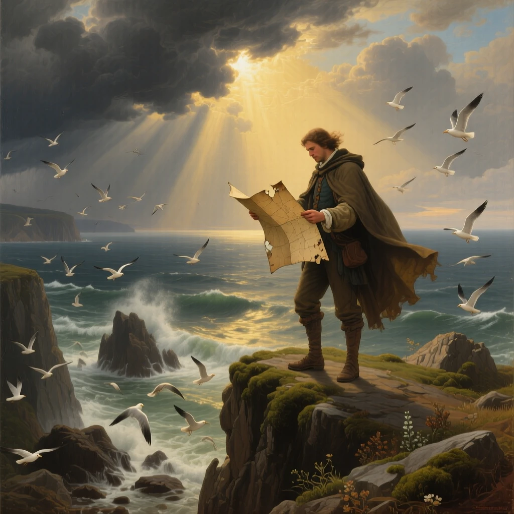 At the edge of a storm, A solitary traveler on a high coastal cliff, holding a weathered map as seabirds wheel below, surrounded by a vast storm-cleared ocean, sunbeams breaking through distant clouds; a break in the clouds illuminates the central figures, the image captures resolve in the face of the unknown.