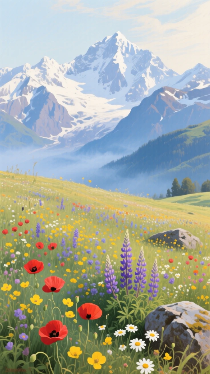 A wildflower meadow bursting with color beneath a snow-capped range, as a soft blue mist settles over the lower elevations, evoking a profound sense of scale, silence, and wonder