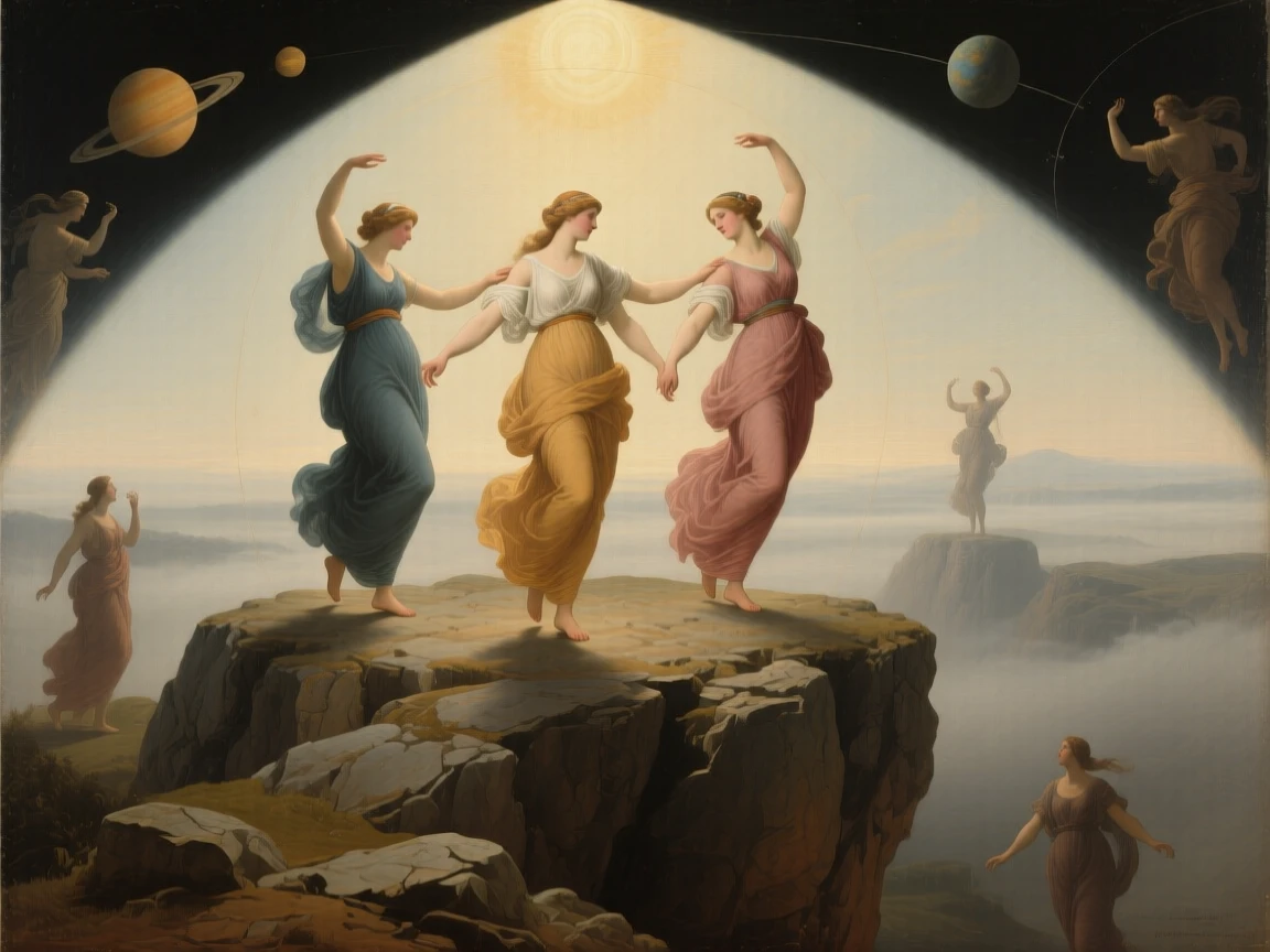 The three graces dancing in a circle of eternal harmony as light and shadow embody opposing truths, set atop a rocky promontory overlooking a vast unknown, with contrasting elements of darkness and radiance framing the scene; supporting figures orbit the central allegory like planets around a sun, capturing the eternal struggle between light and shadow.