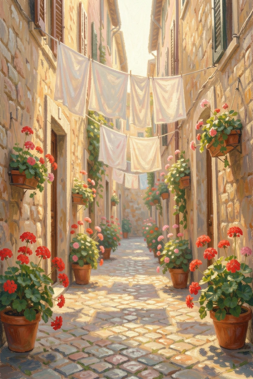 A narrow cobblestone alley in Rome draped with hanging laundry and blooming geraniums.