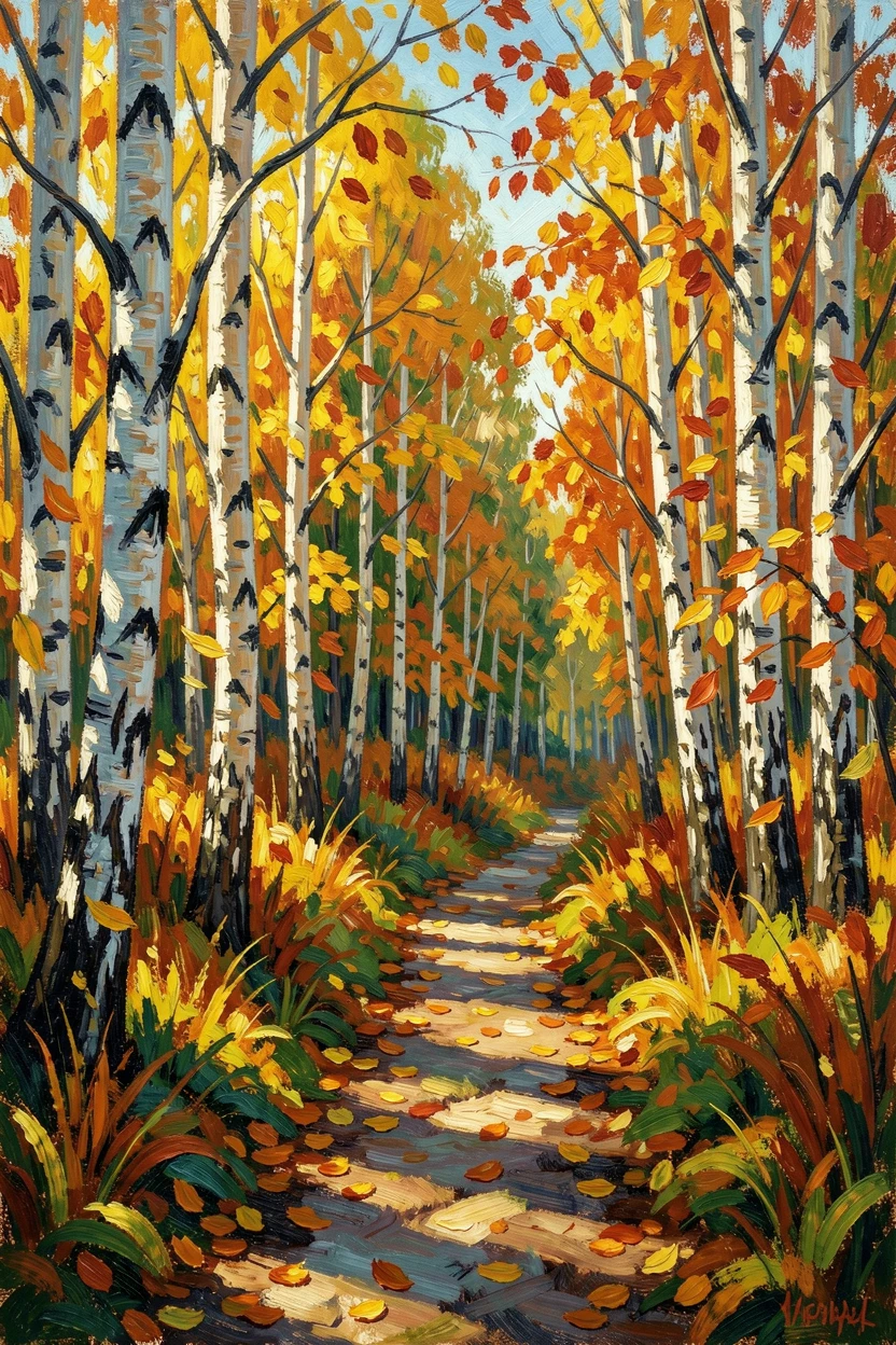 A quiet forest path dappled with sunlight filtering through tall birch trees in early autumn.