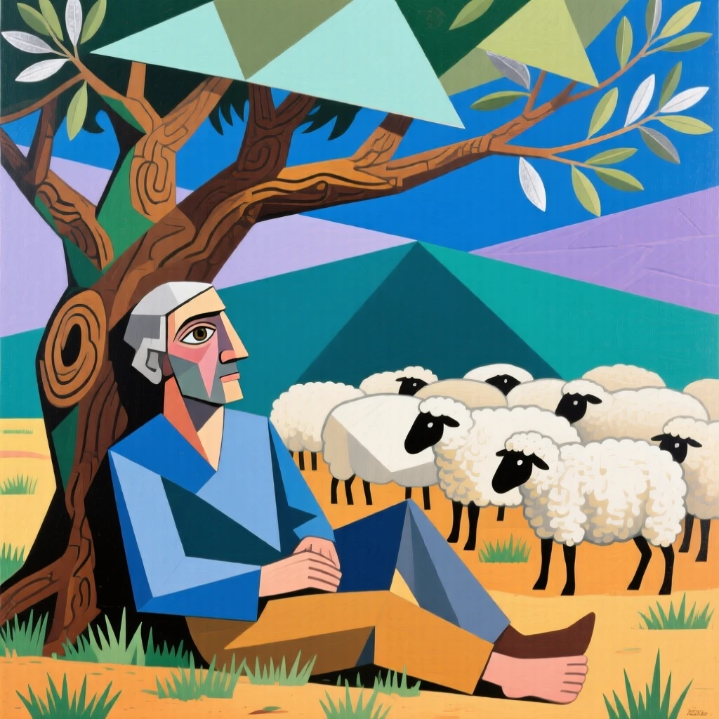 A shepherd resting beneath an ancient olive tree while his flock grazes nearby.