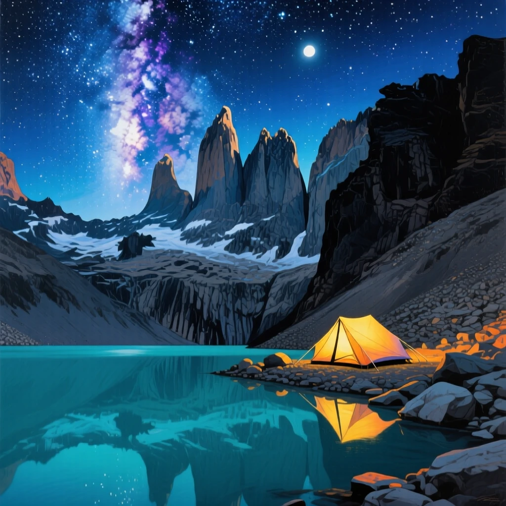 Patagonia's granite towers pierce a star-filled night sky, the Milky Way arching directly overhead, a lone tent glowing softly at its base, and a turquoise lake reflecting both the peaks and the cosmos above.