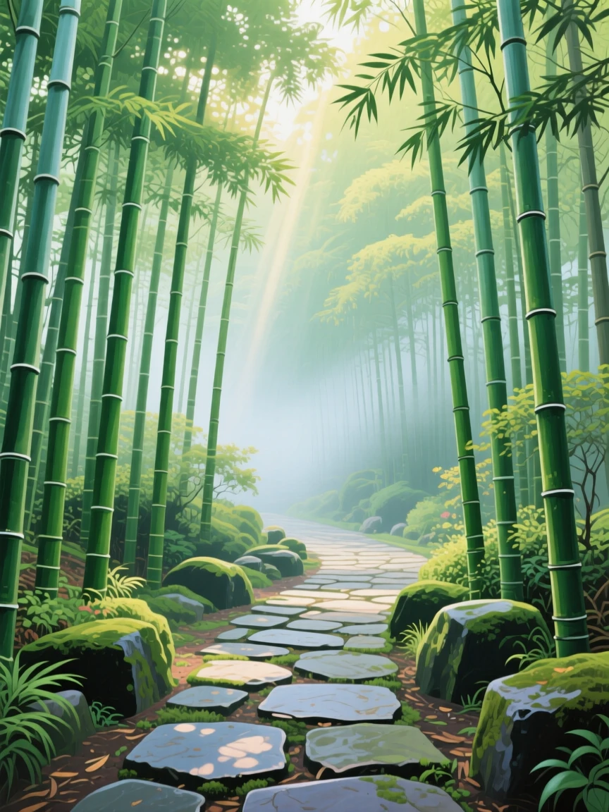 A misty bamboo forest path in Japan, sunlight filtering through tall green stalks onto a stone walkway