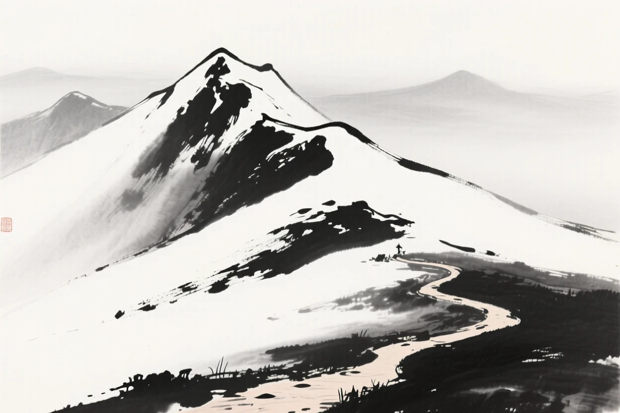 a snow-capped ridge, emerging from morning haze, with a narrow footpath winding toward its base.