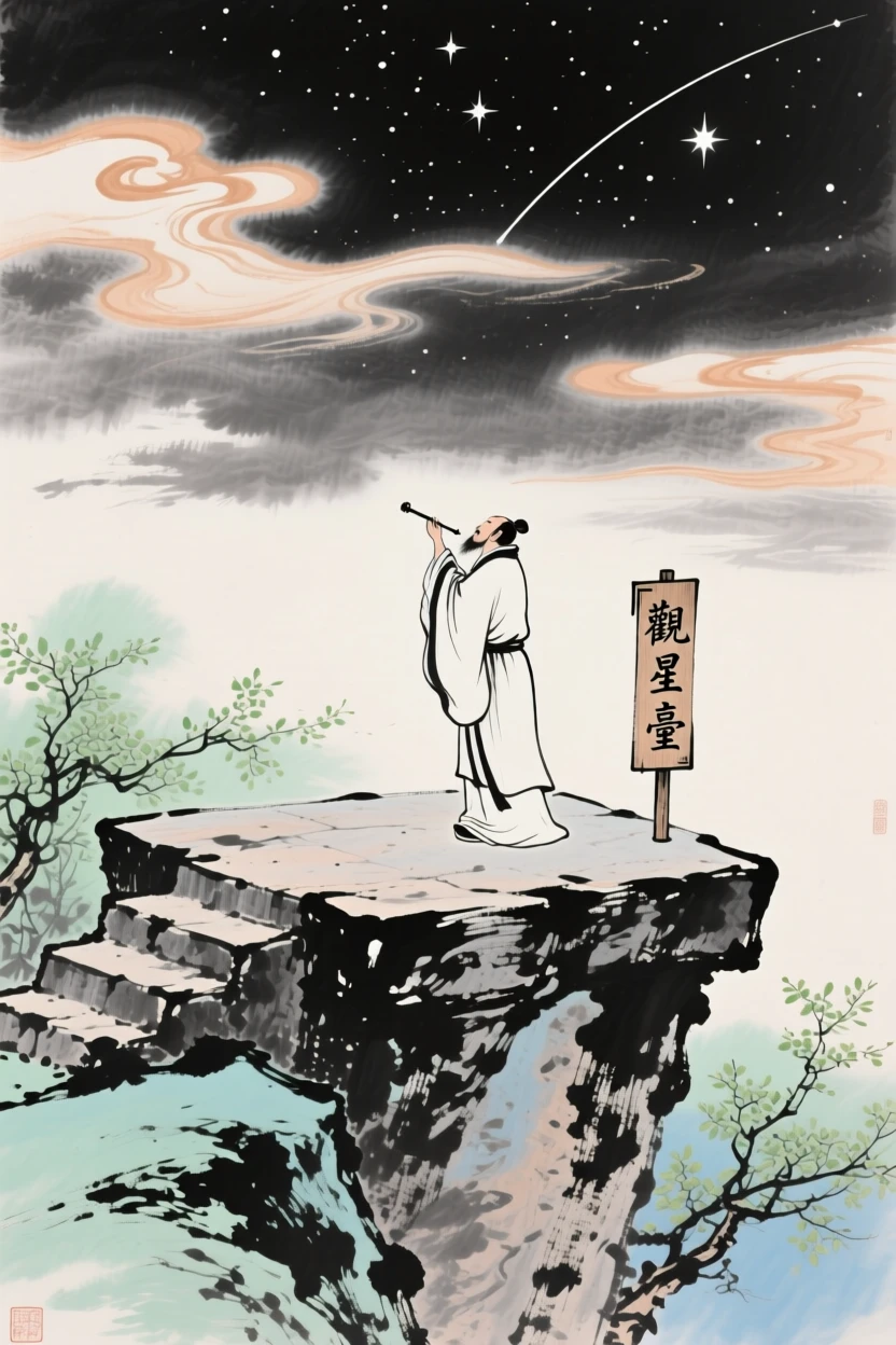 An ancient astronomer observing the stars from a stone platform at night, under drifting clouds, in early spring.