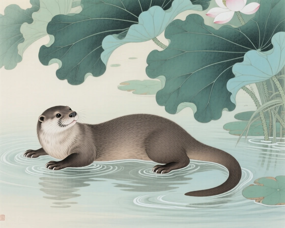 An otter floating on its back in a calm river beneath a canopy of floating lotus leaves