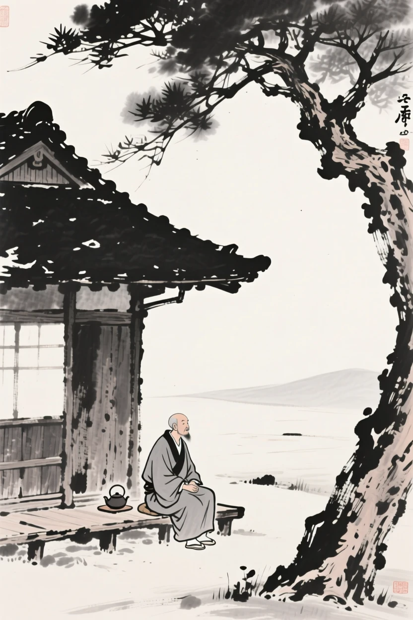 A tea master sitting in silent contemplation beneath a tree beneath the eaves of an old farmhouse, framed small within a vast, quiet landscape, capturing an everyday moment full of gentle humanity.