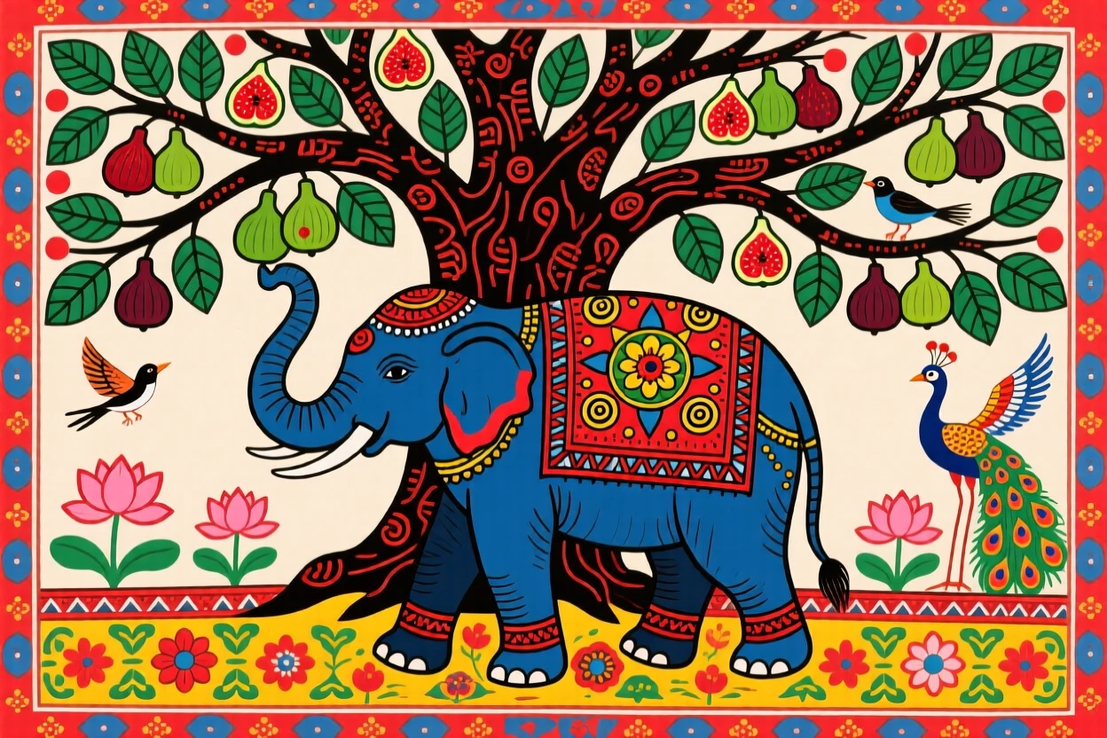 An old elephant standing beneath a giant fig tree, trunk raised toward the fruit.