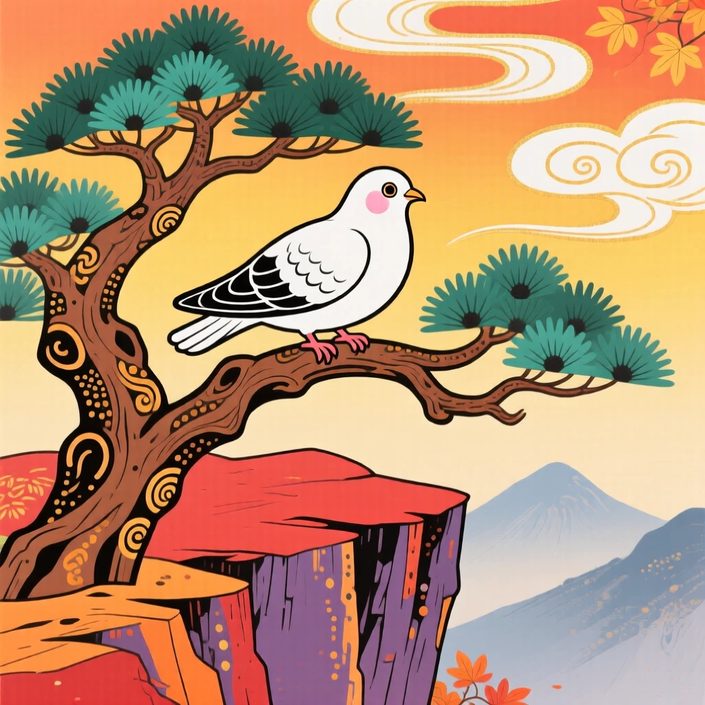 A dove perched on a cliffside pine tree, on a crisp autumn morning.