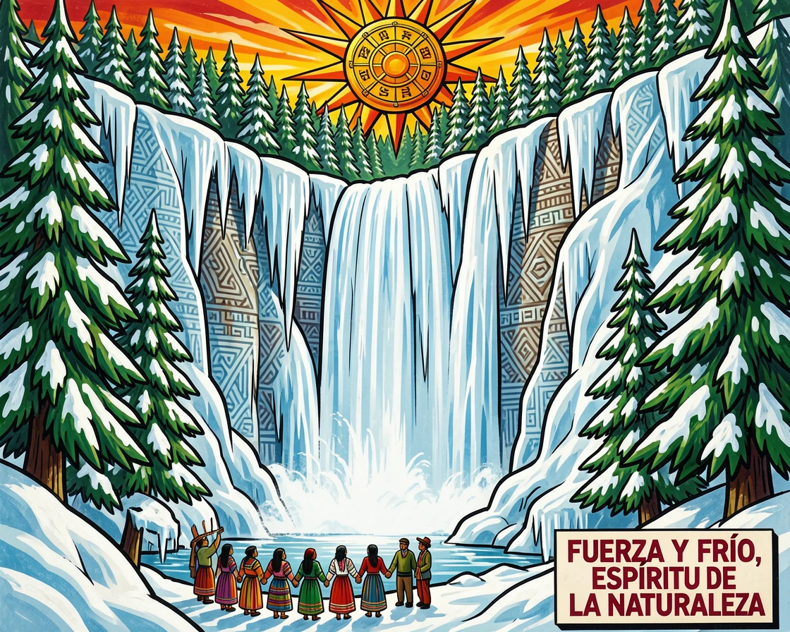 A frozen waterfall encased in ice among snow-covered pine trees