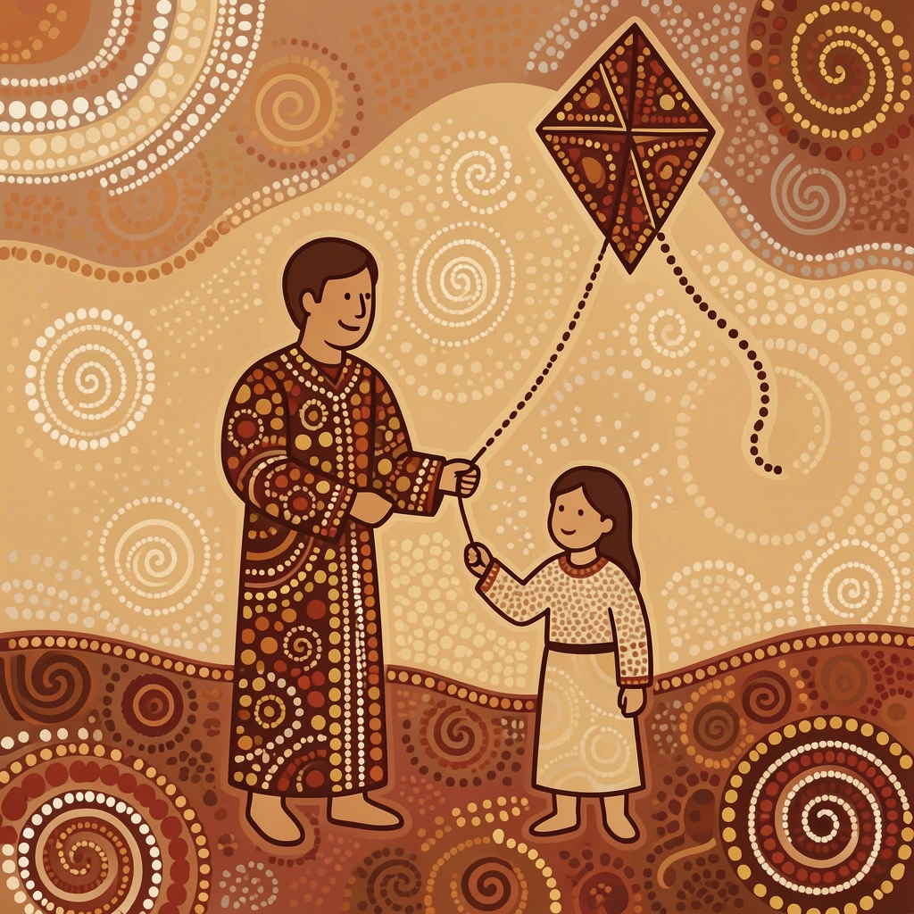 A father and daughter flying a kite together