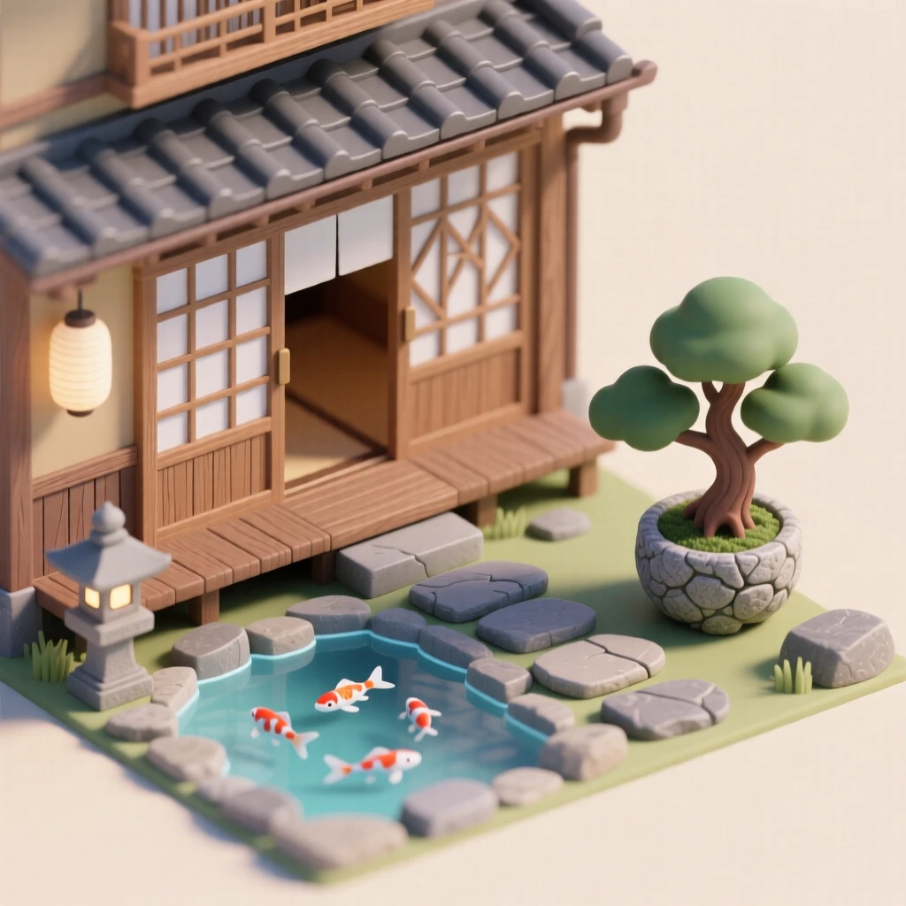 A Japanese machiya townhouse with a sliding paper door, a small koi pond in the entrance garden, a bonsai tree in a stone pot, and a lantern lighting the stepping-stone path.