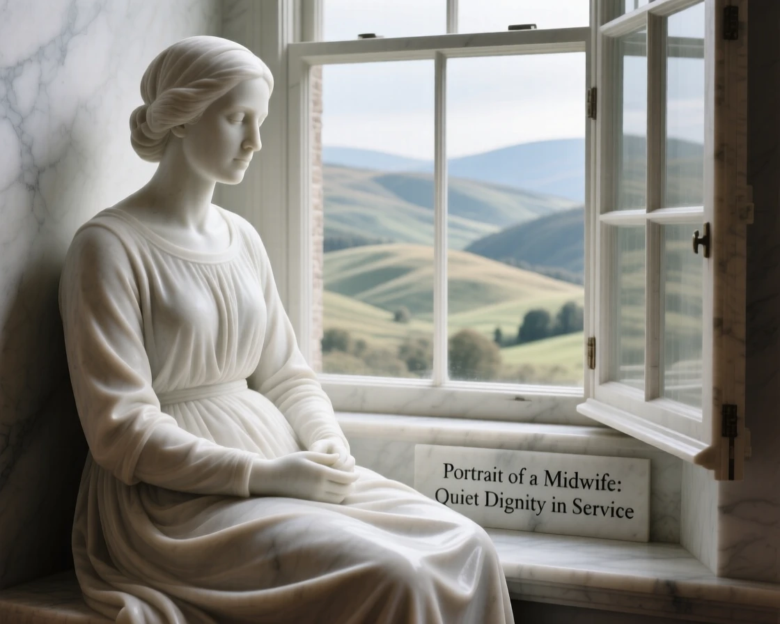 A close-up portrait of a gentle midwife, sitting quietly by a window, against a backdrop of rolling hills, radiating quiet emotion and dignity