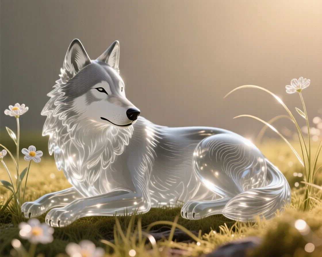 A gray wolf resting peacefully in a sunlit meadow scattered with wildflowers, a gentle breeze bending the grass, evoking warmth and tranquility.