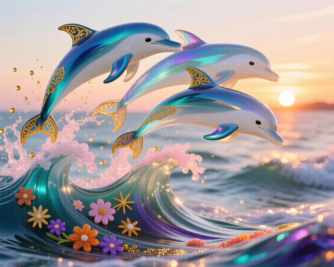 A pod of dolphins leaping in unison over rolling ocean waves at sunset, joyful and free, spray catching the last light of day.