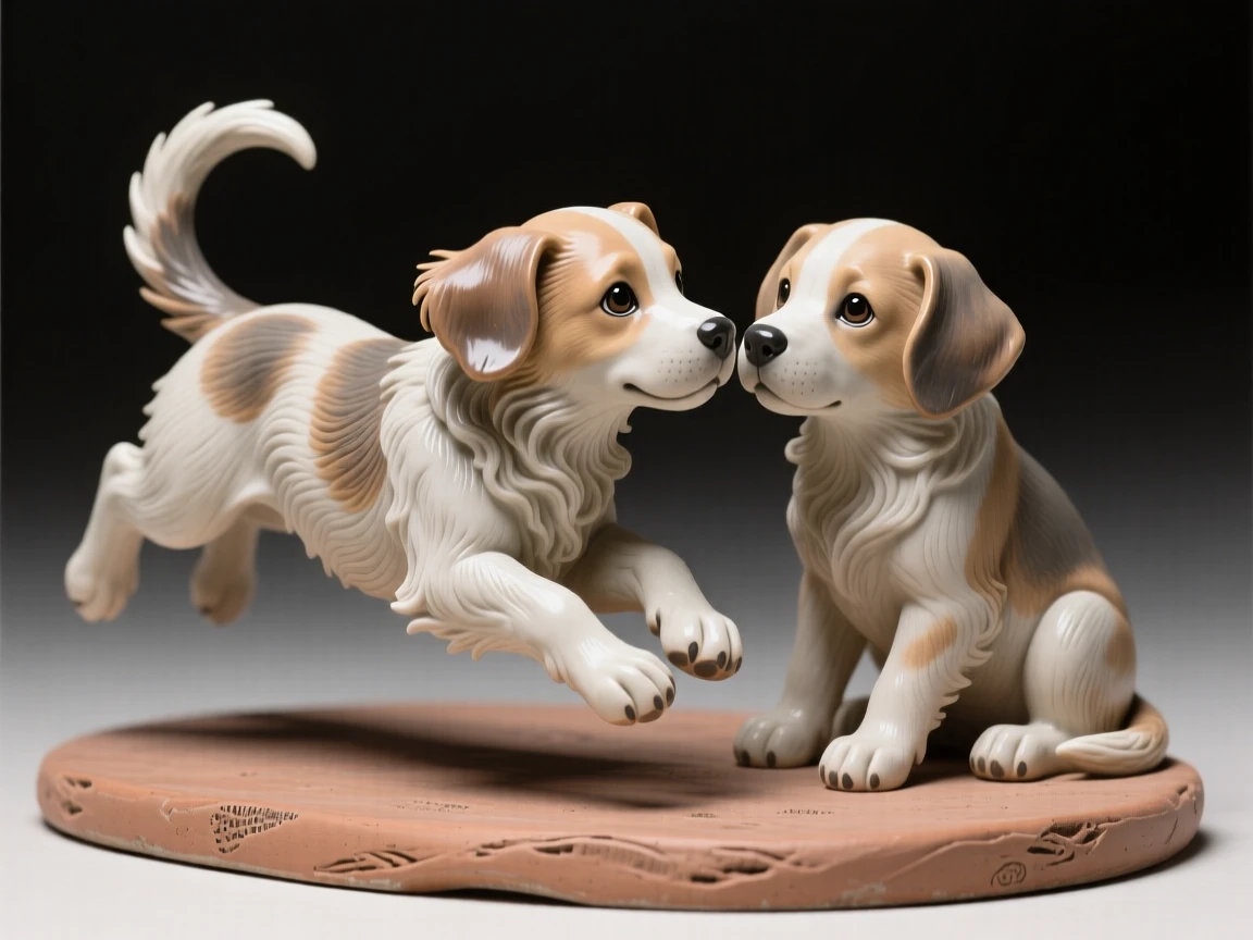 A puppy chasing its tail nuzzling gently against its companion, with wind rippling through its fur, evoking a quiet sense of wild dignity.