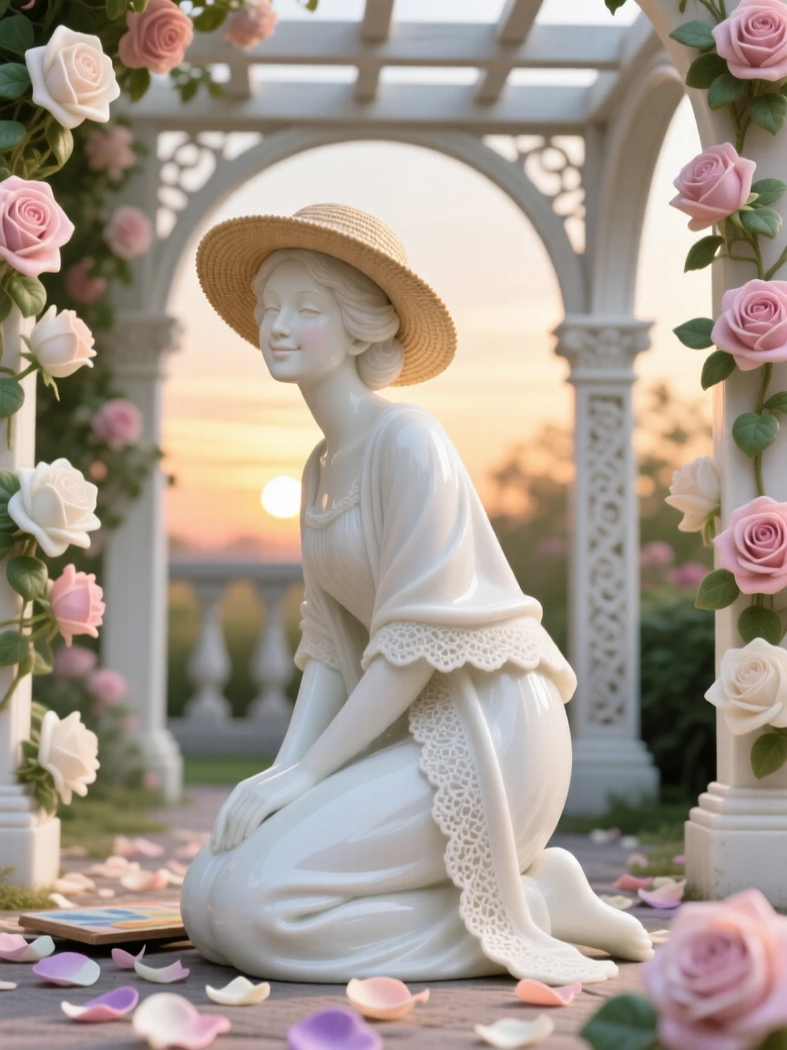 An artist kneeling among fallen petals, wearing a wide-brimmed sun hat and shawl, a faint, knowing smile on her lips, set against a rose-covered pergola at sunset.