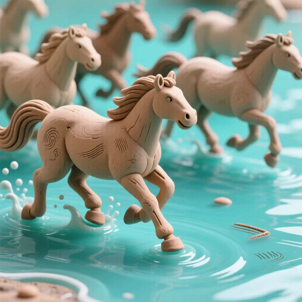 A herd of wild horses galloping through shallow turquoise water