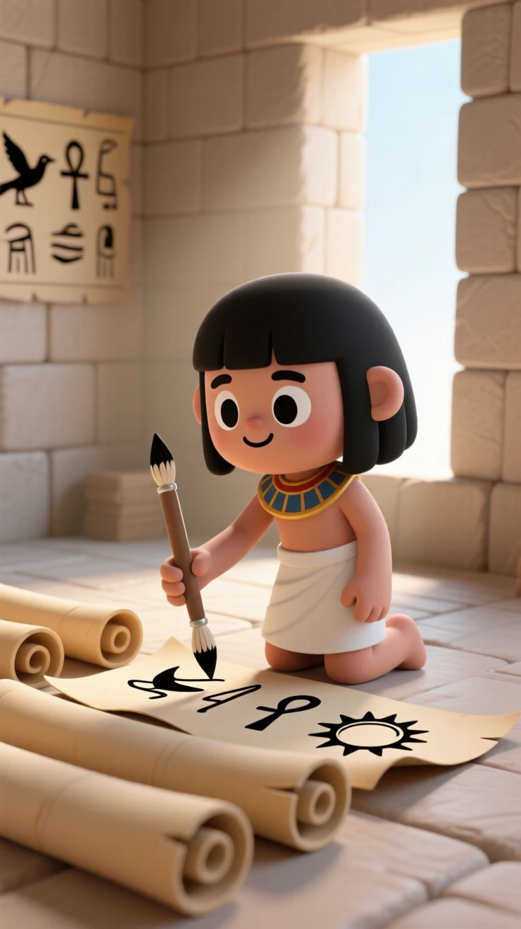 An ancient Egyptian scribe kneels on papyrus scrolls, carefully painting hieroglyphics with a reed brush inside a sunlit stone temple.