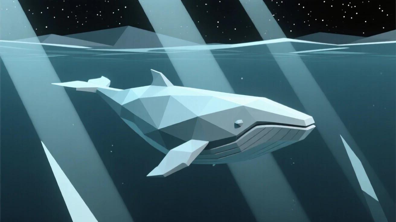 A whale swimming through shafts of underwater light, amid a vast, silent expanse of space. rich color gradients enhance the dreamlike atmosphere. The mood feels futuristic and full of possibility.