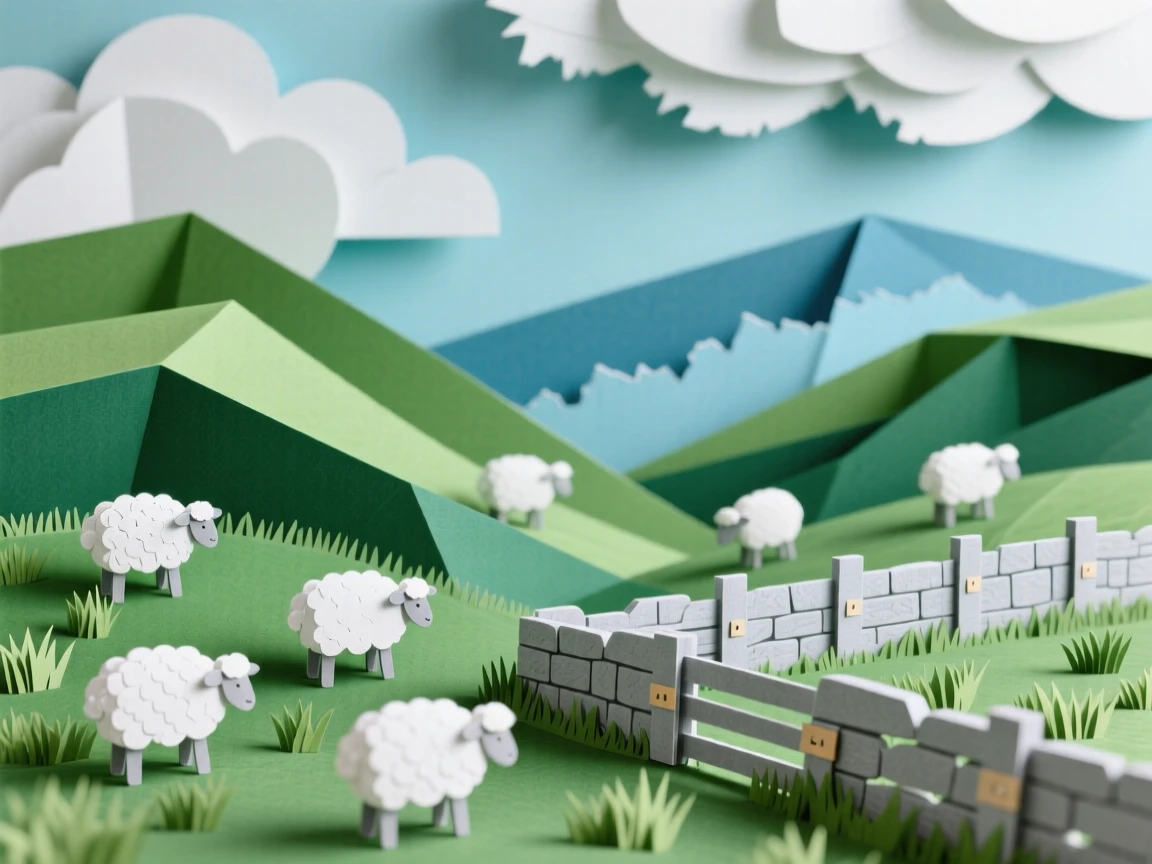 A rolling green valley dotted with grazing sheep, low stone walls dividing the pastures, distant hills fading into blue haze, and dramatic clouds overhead, evoking a timeless pastoral countryside.