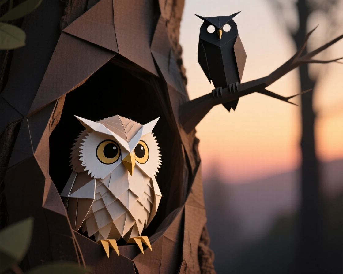 A baby owl blinking wide eyes from a tree hollow at dusk, feathers still fluffy, parent owl silhouetted on a branch above.