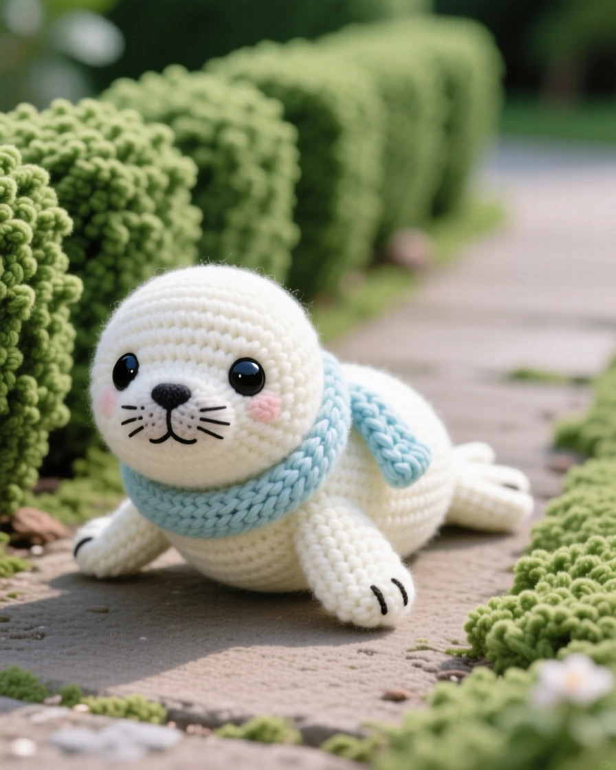 a baby harp seal pup with pure white fur and dark glossy eyes is shown wriggling forward on its belly with flippers raised within a quiet garden path lined with hedges, accompanied by a tiny knitted scarf around its neck, capturing a tender, sleepy softness.