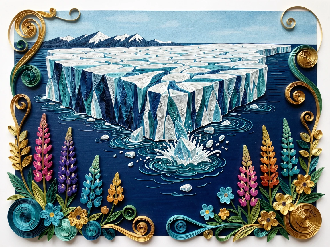 an Alaskan glacier calving into deep blue water, framed by blooming seasonal flowers in the foreground, captured from a sweeping elevated viewpoint, in a rich palette of blue, teal, and gold.