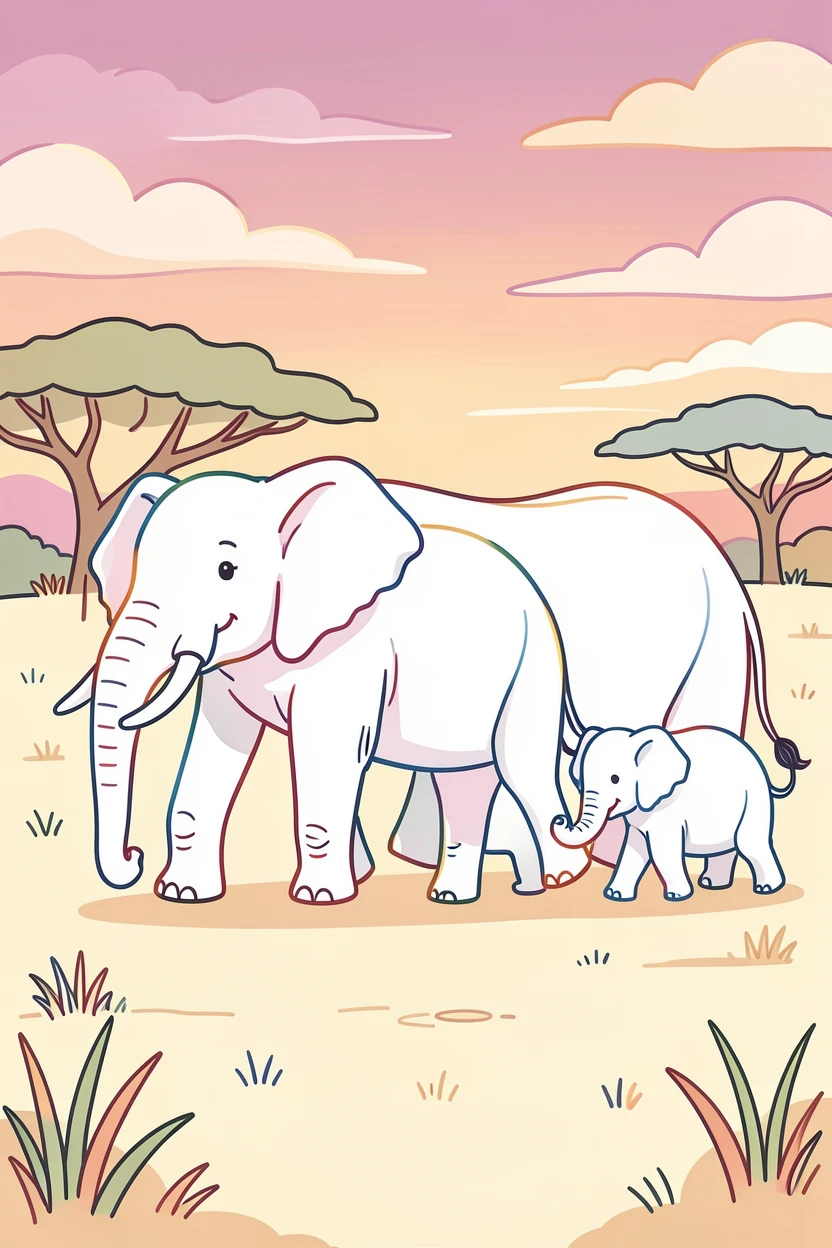 An elephant family walking in a line across a savanna at dusk, the smallest calf holding its mother's tail with its trunk.
