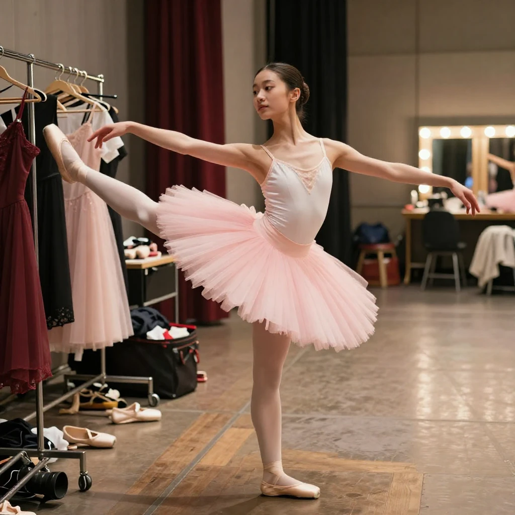 A ballerina stretching backstage before a performance