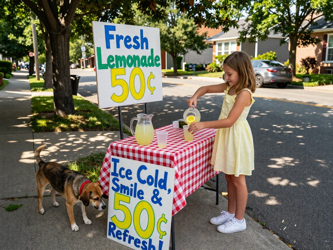 A girl sets up a lemonade stand with hand-painted signs on a quiet street corner.