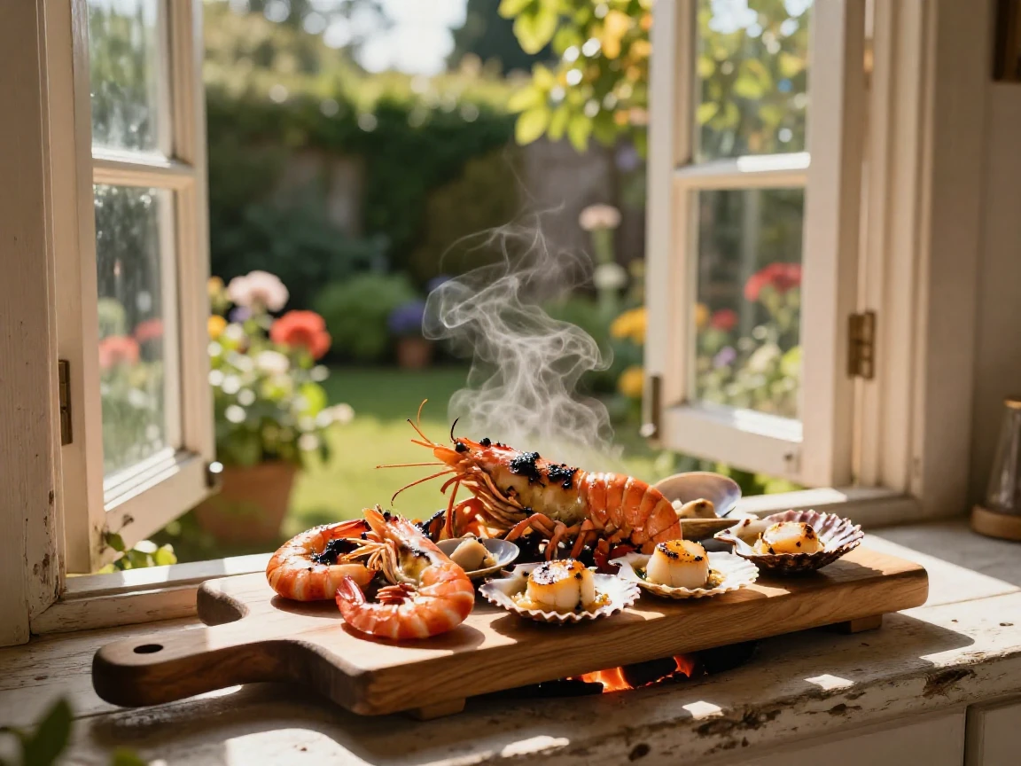 A platter of grilled seafood fresh off the coals beside an open window overlooking the garden