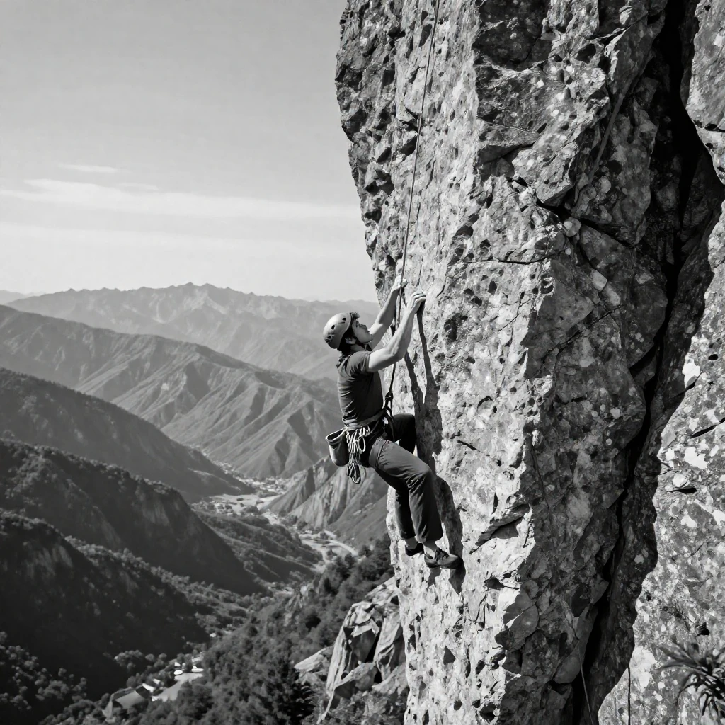 A rock climber clings to a sheer rock face high above a mountain valley.
