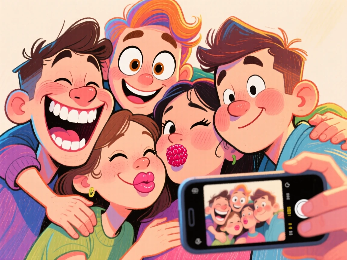 A group of four best friends piled together for a selfie, each pulling a different silly face.