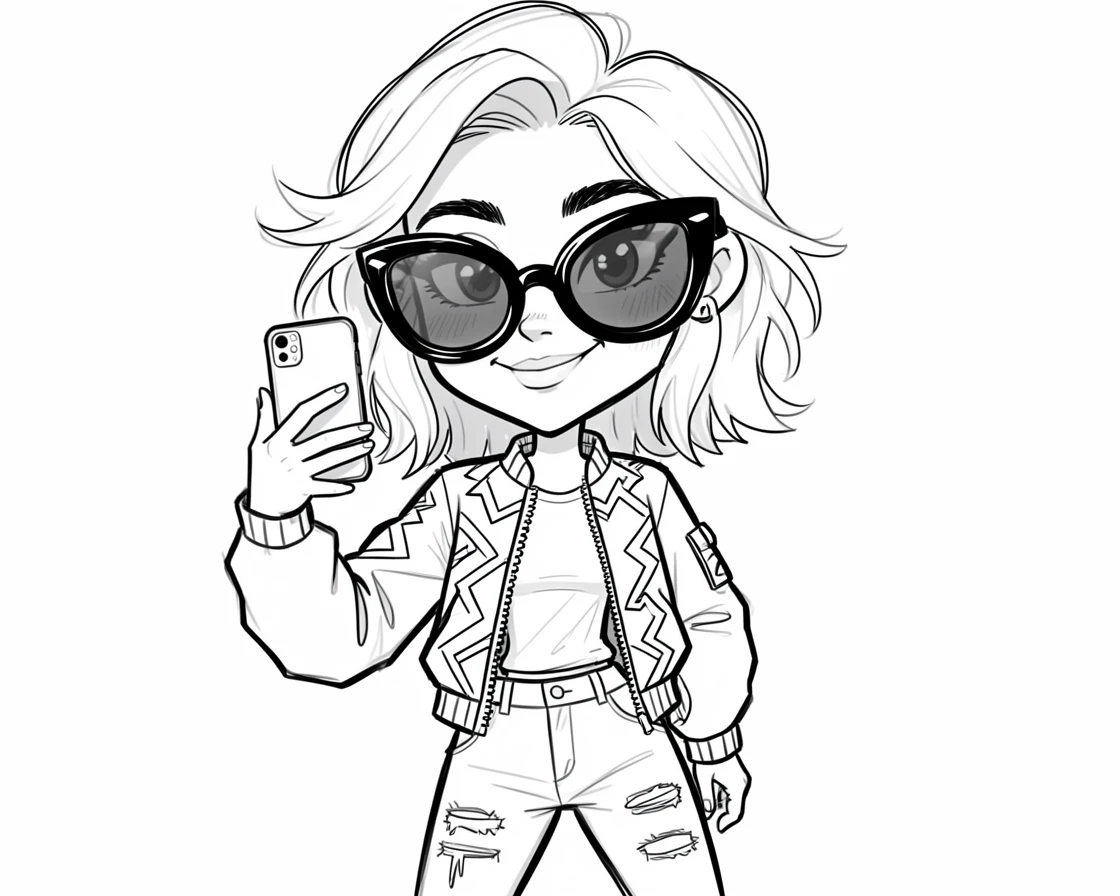 [People Portraits & Characters] Portrait of a fashionable teenager taking a selfie with oversized sunglasses and a trendy outfit, full of personality and charm