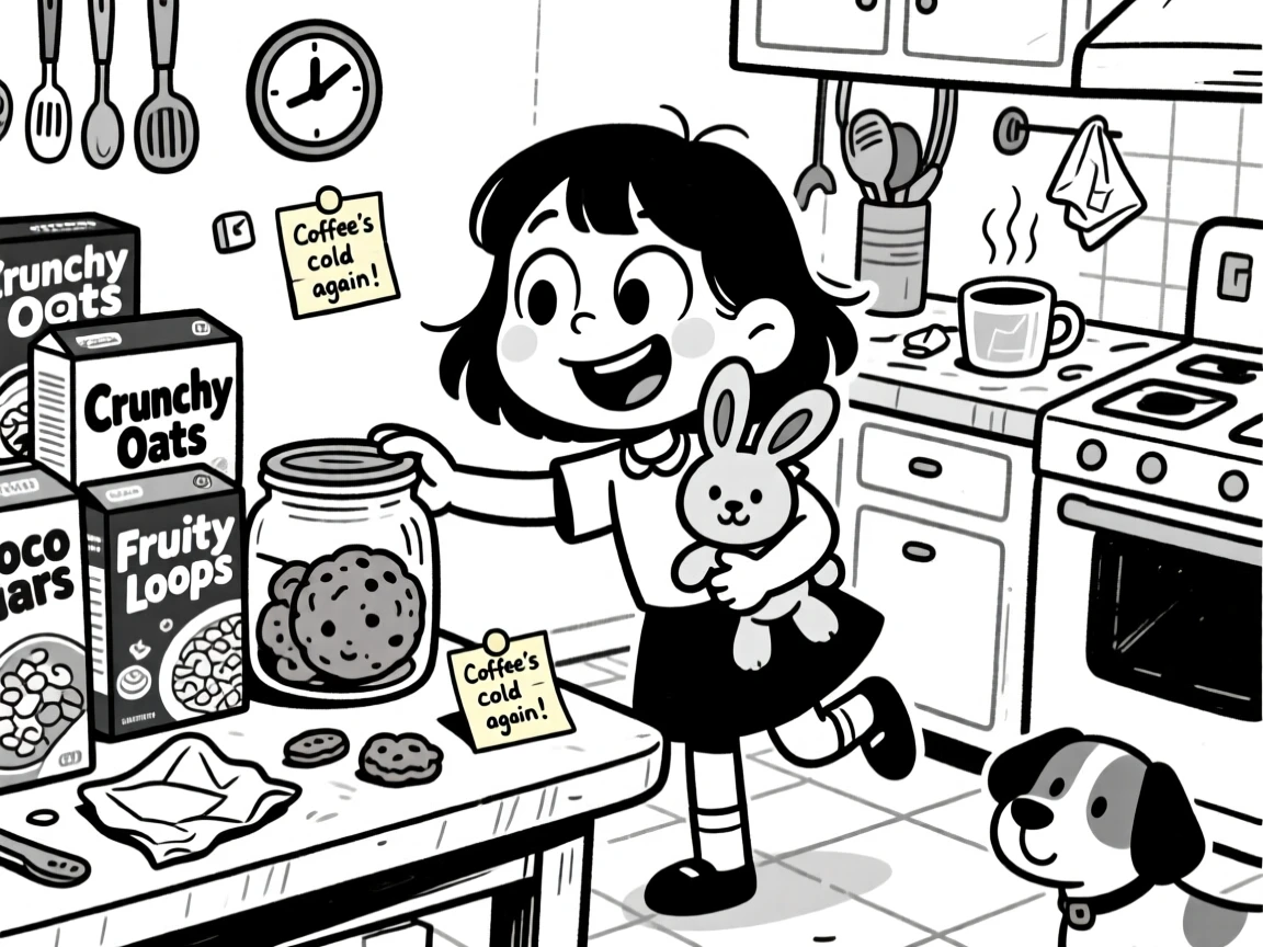 A little girl clutching a stuffed rabbit, trying to sneak an extra cookie from the jar, set at a cluttered kitchen table covered in cereal boxes. A cup of coffee has gone cold on the counter. The scene radiates the warm chaos of everyday family love.