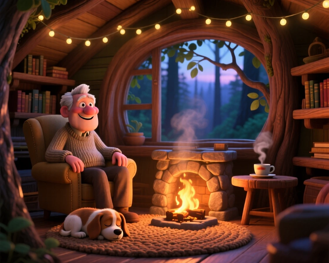 An elderly man with a warm smile sits inside a treehouse strung with twinkling lights, listening to the crackle of the fire. A deep sense of comfort and quiet contentment fills the room, with a small dog dozing nearby.