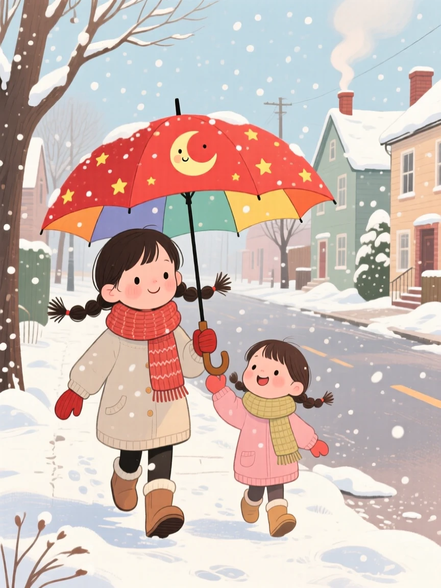 A small girl with pigtails spends the afternoon walking home together under one umbrella with his little sister, while soft snow falls outside.