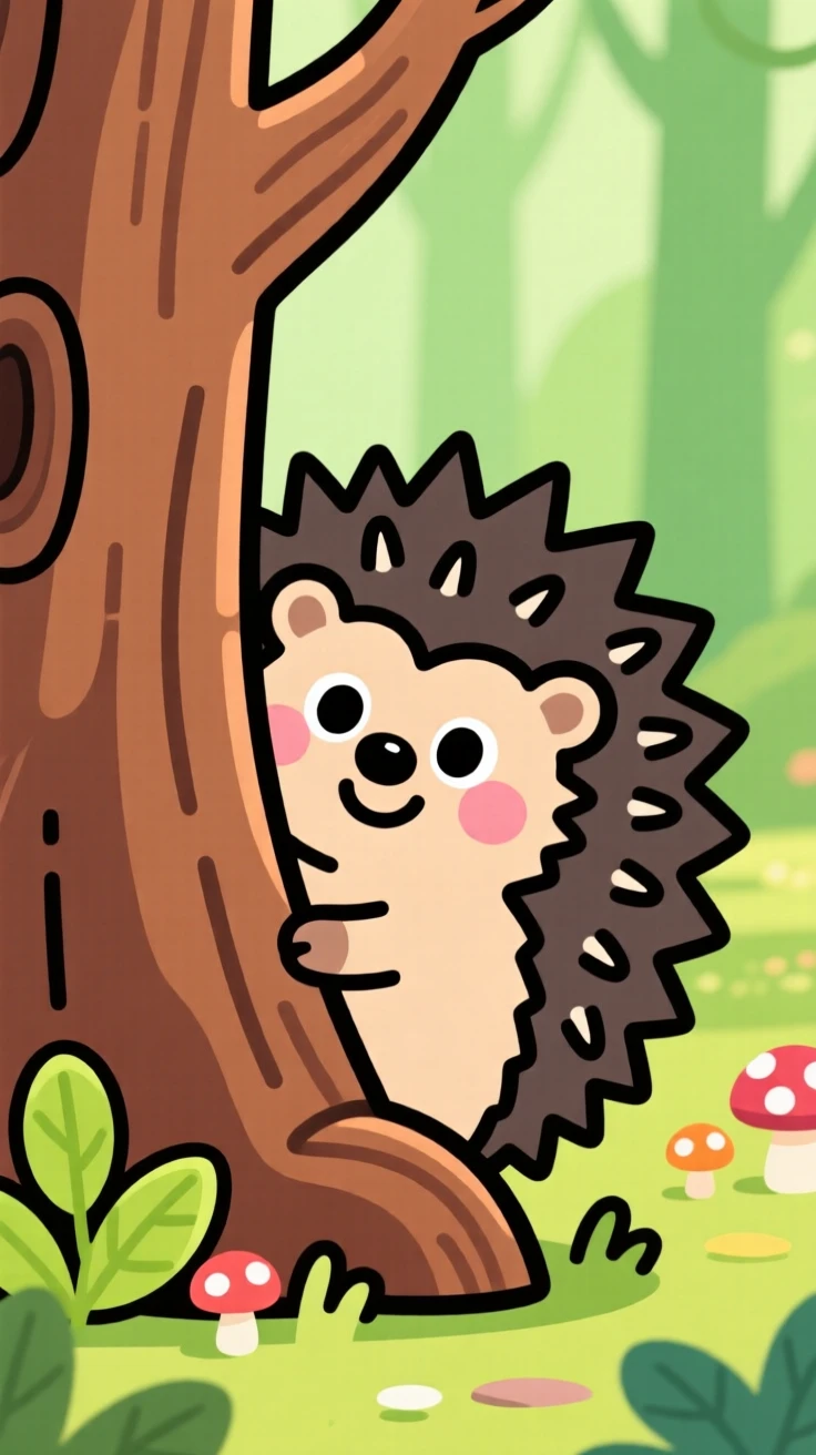 A small hedgehog peeking out from behind a tree trunk.