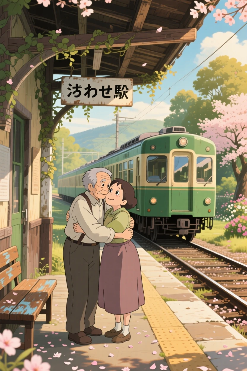 A tender moment of two old friends reuniting with an embrace at a train station, the scene gently triumphant.