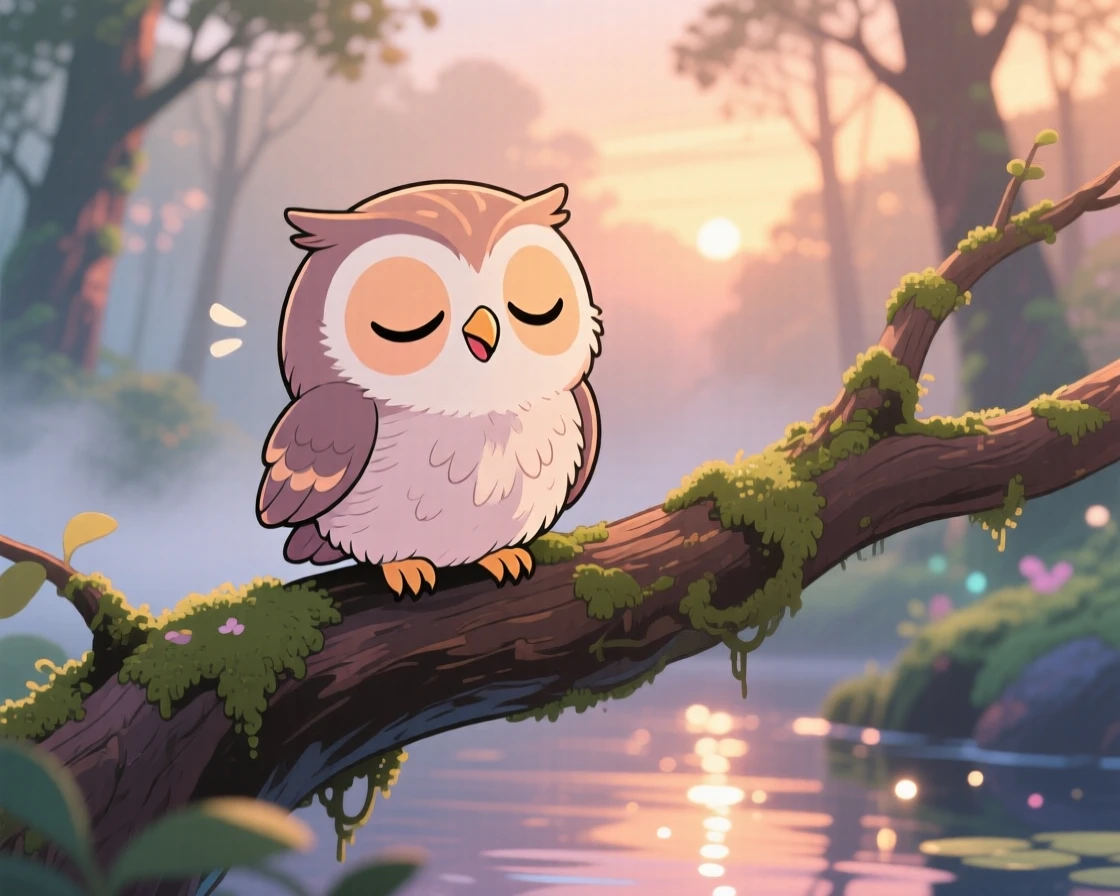A round little owl chick blinking sleepily atop a mossy tree branch in an enchanted forest at dusk on a misty foggy morning; shimmering reflected light off water washes over the scene as delighted joy fills the moment. Waist-up portrait.