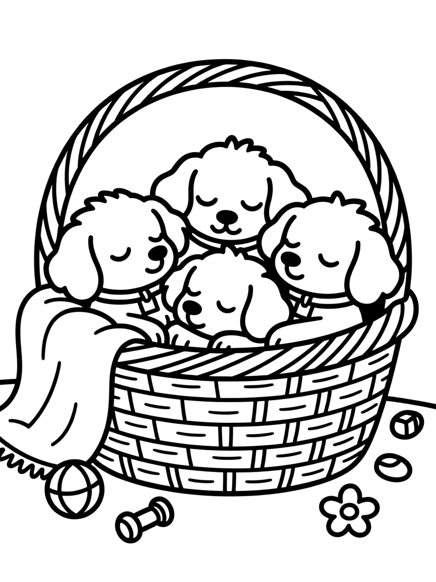 A litter of puppies napping together in a wicker basket