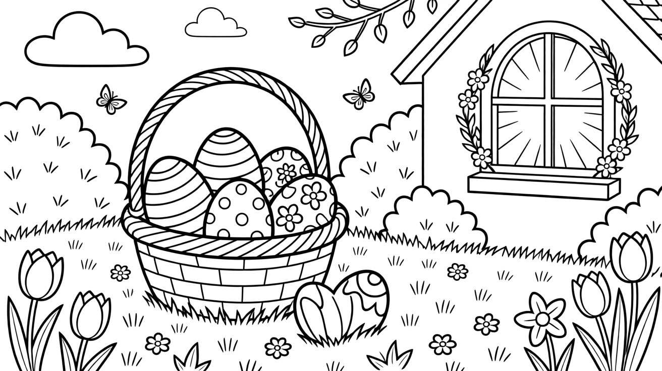 An Easter basket filled with painted eggs in a spring garden, with a festive glow lighting up nearby windows.