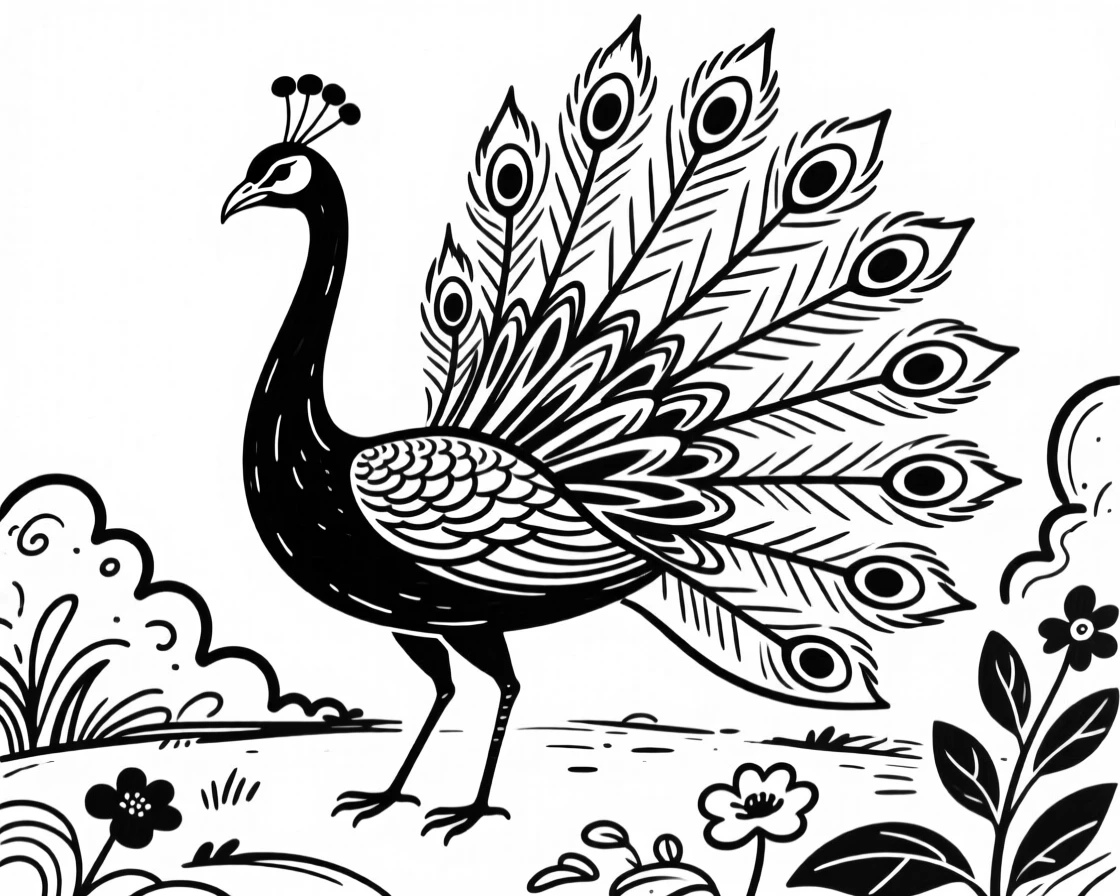 A peacock with its tail feathers fully fanned out, standing in a lush garden.