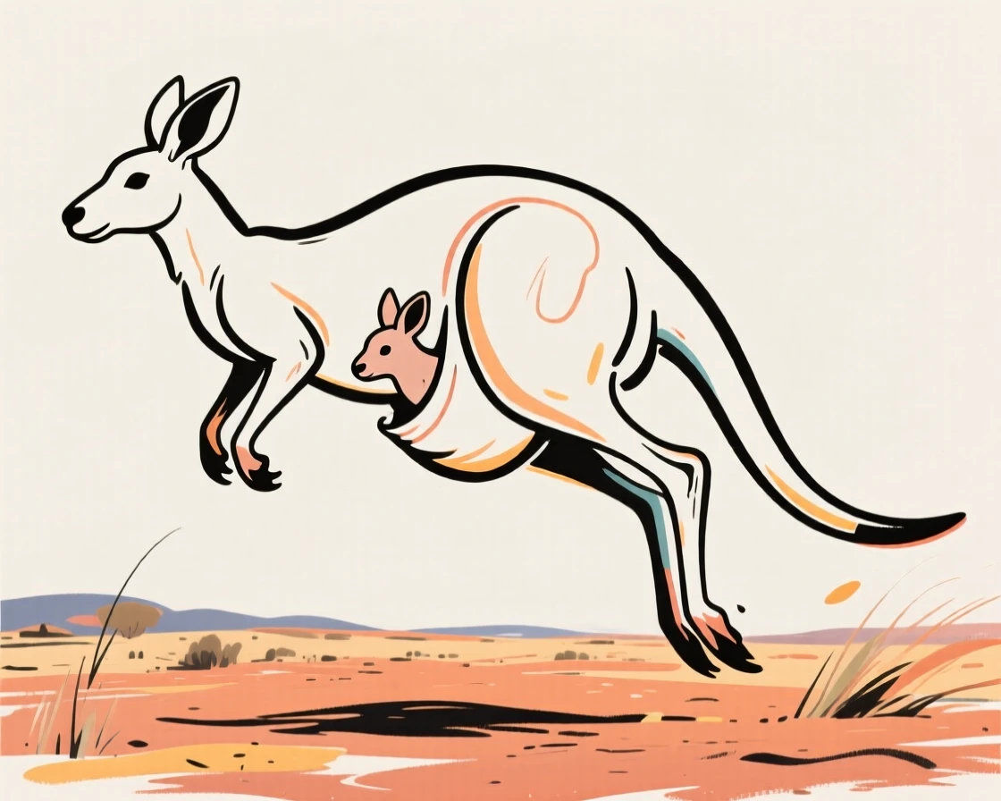 A mother kangaroo hopping across the outback with a joey peeking from her pouch.