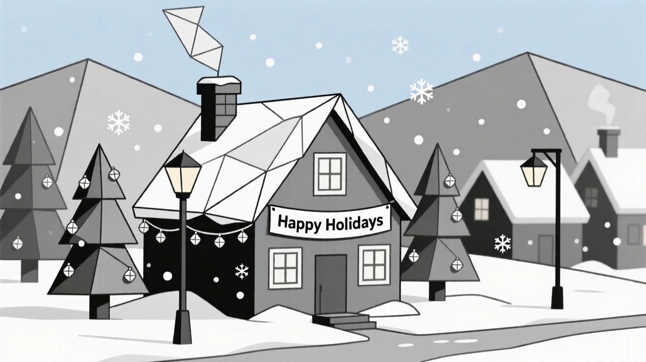 A snow-covered village decorated for the holiday season